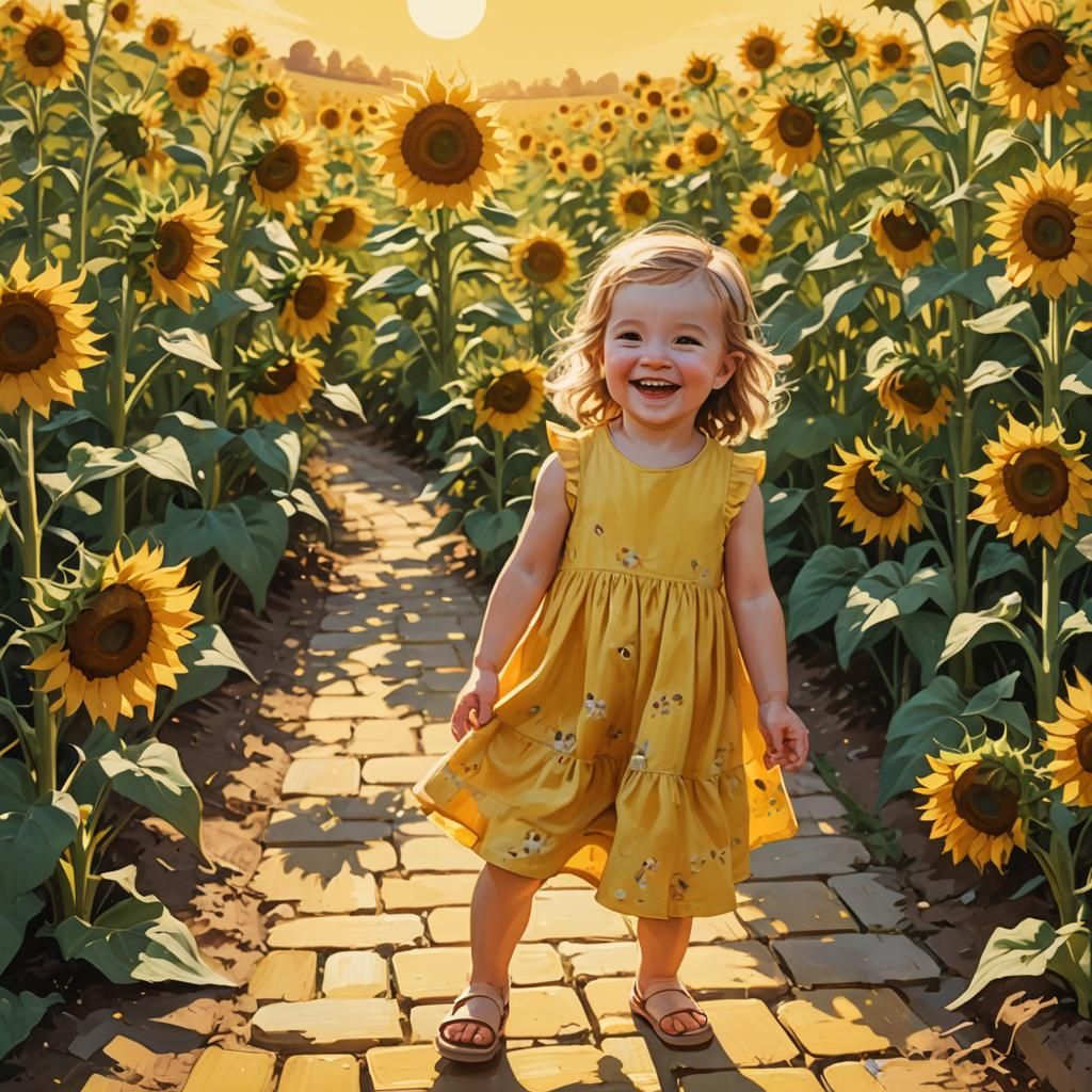 Baby Girl in Sunflower Field: Whimsical Oil Painting