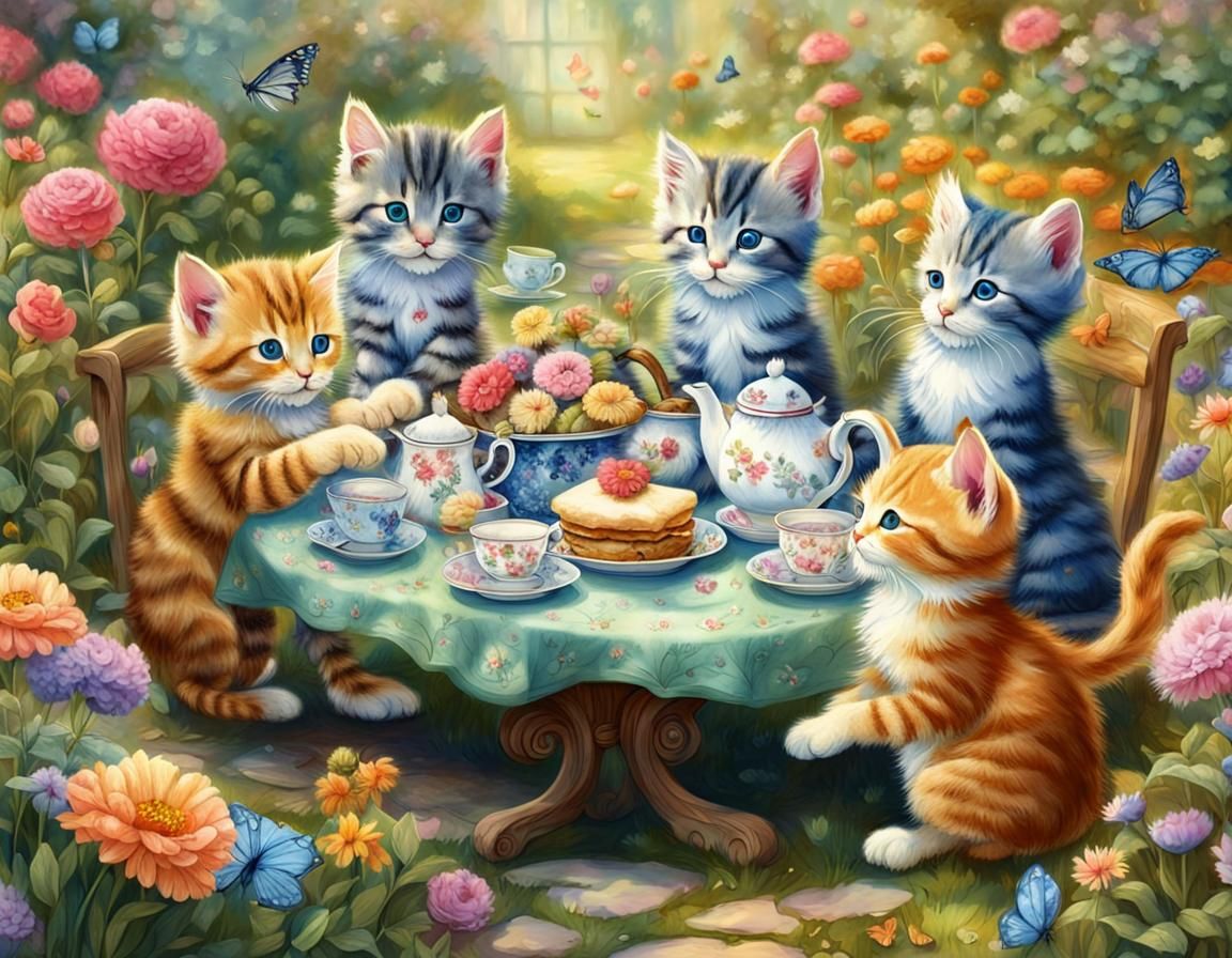 Kittens' Tea Party in Cartoon Style