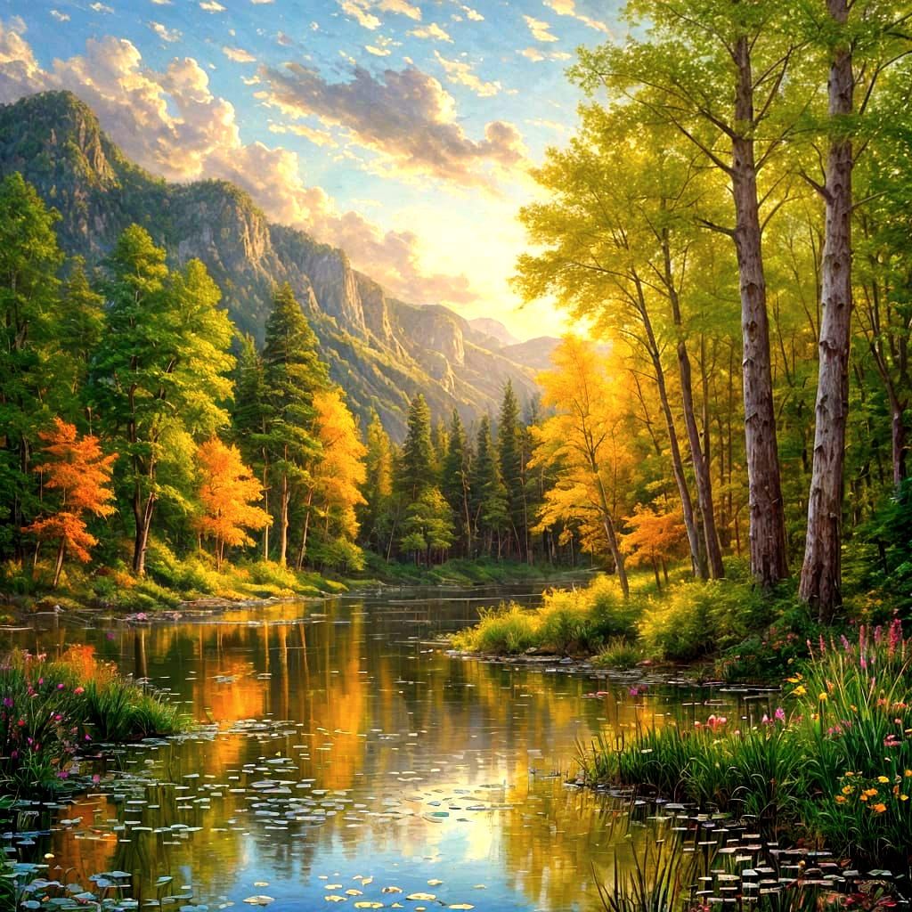 Mirror Forest Reflecting Distorted Sky in Painterly Realism