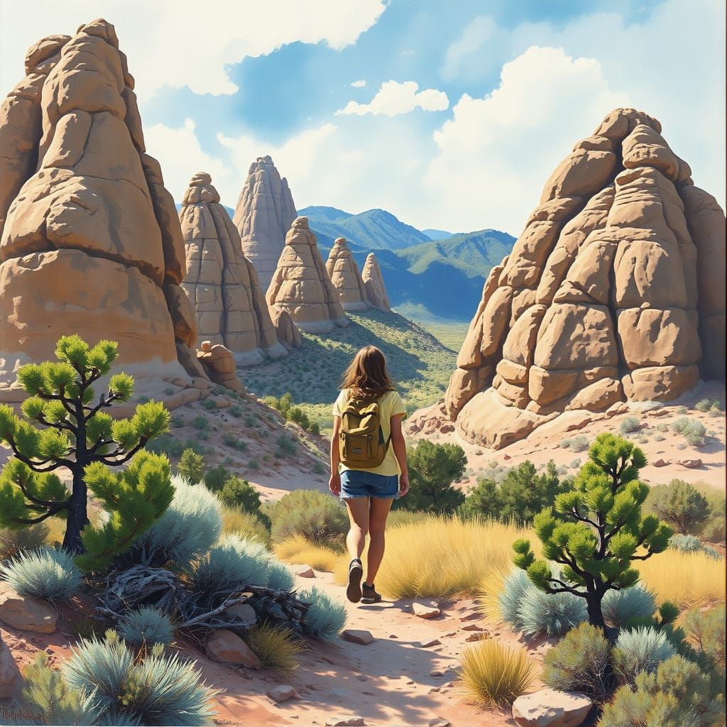 Woman Hiking Kasha-Katuwe Rocks in Gouache Style