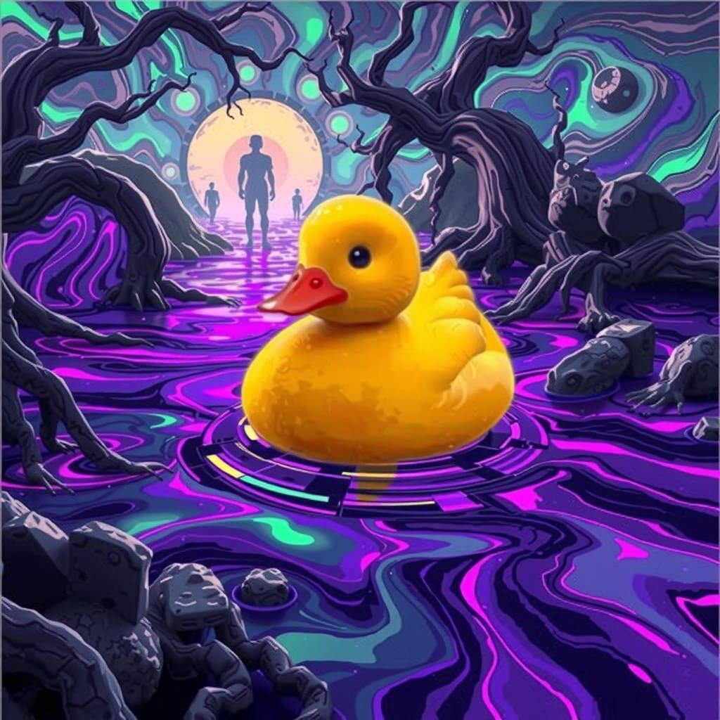 Surreal Yellow Duck in a Hypnotic, Purplish-Green River