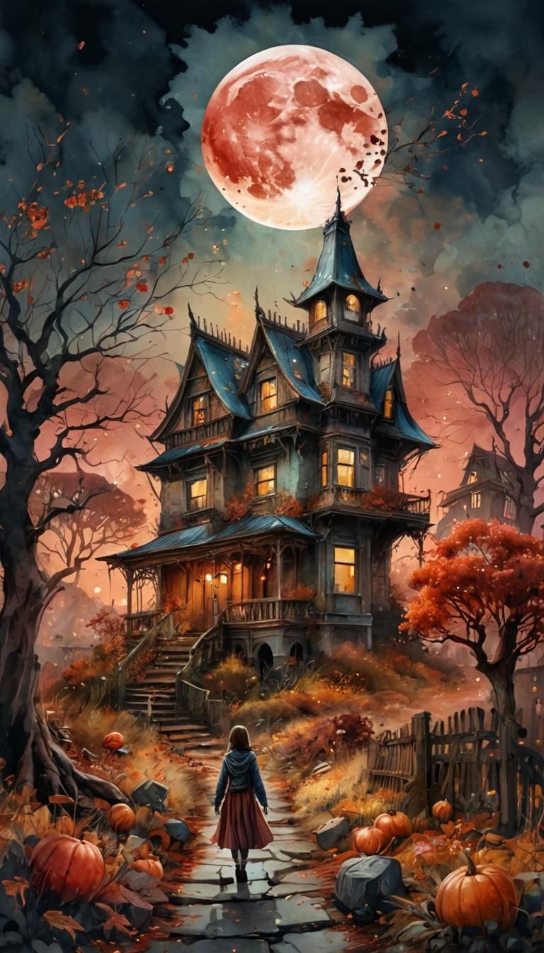 Haunted House Under Blood Moon Watercolor Illustration