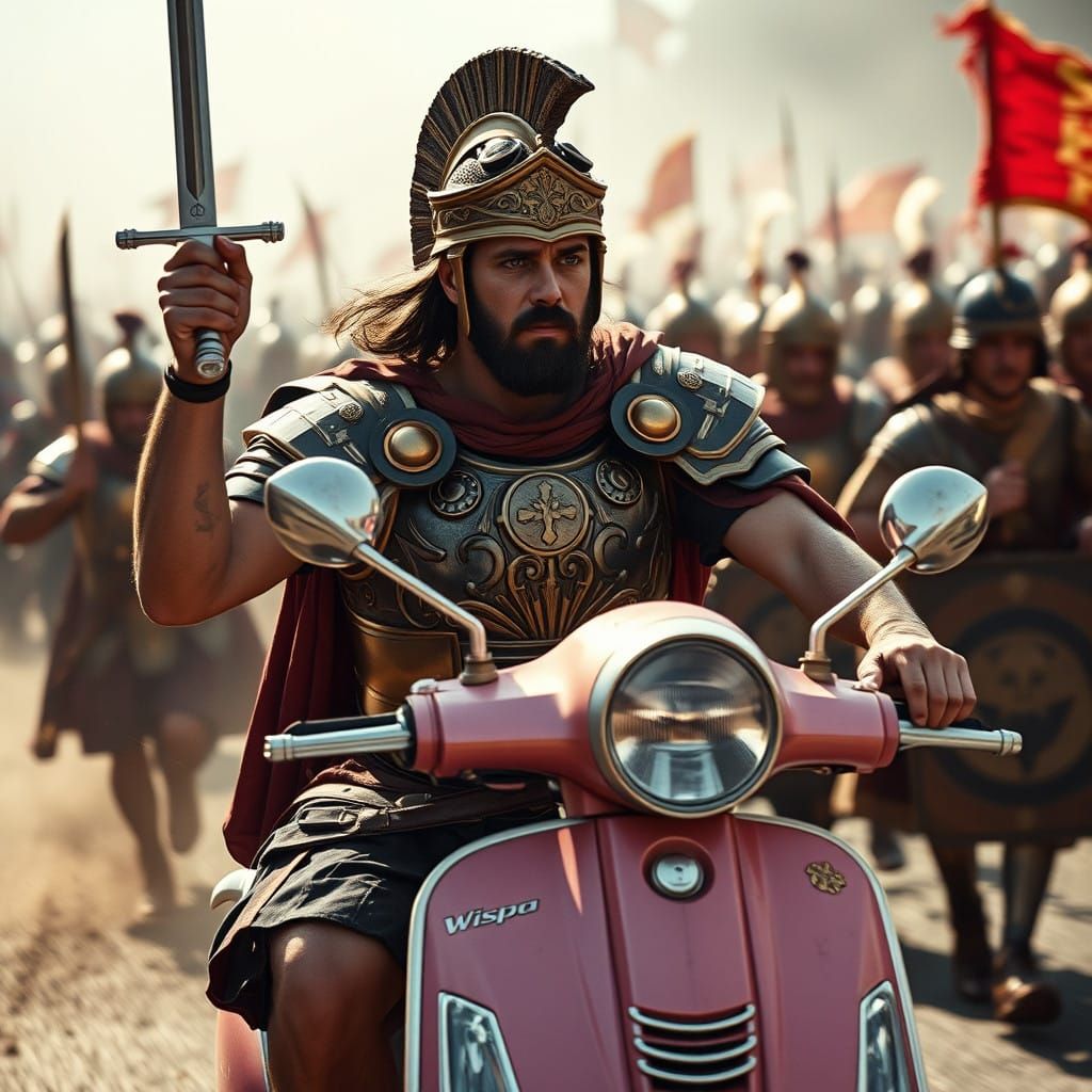 Ancient Roman Emperor Charges into Battle on a Pink Scooter