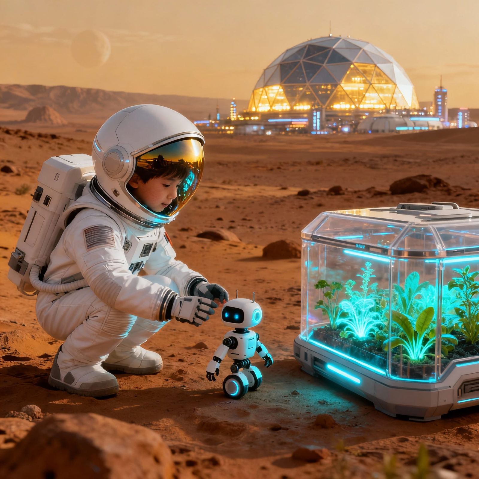 Child Astronaut Explores Mars with Robot Companion