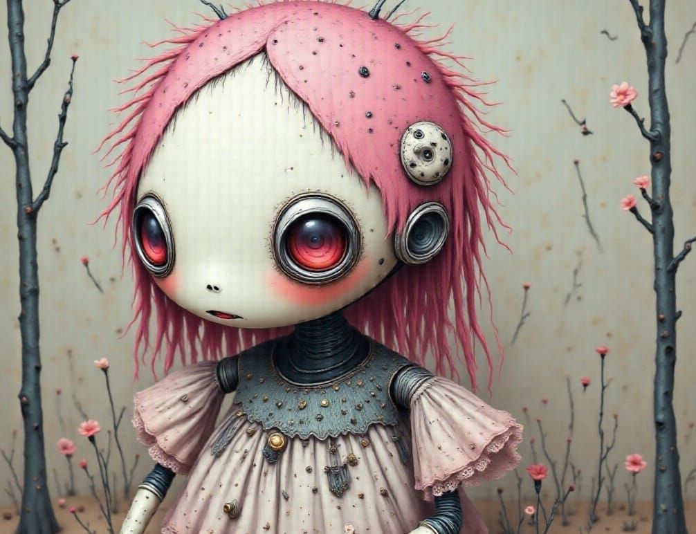 Cute Patchwork Robot with Big Eyes in Purple and Aqua