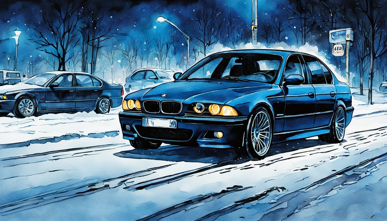 BMW M5 on Snowy Russian Street at Night