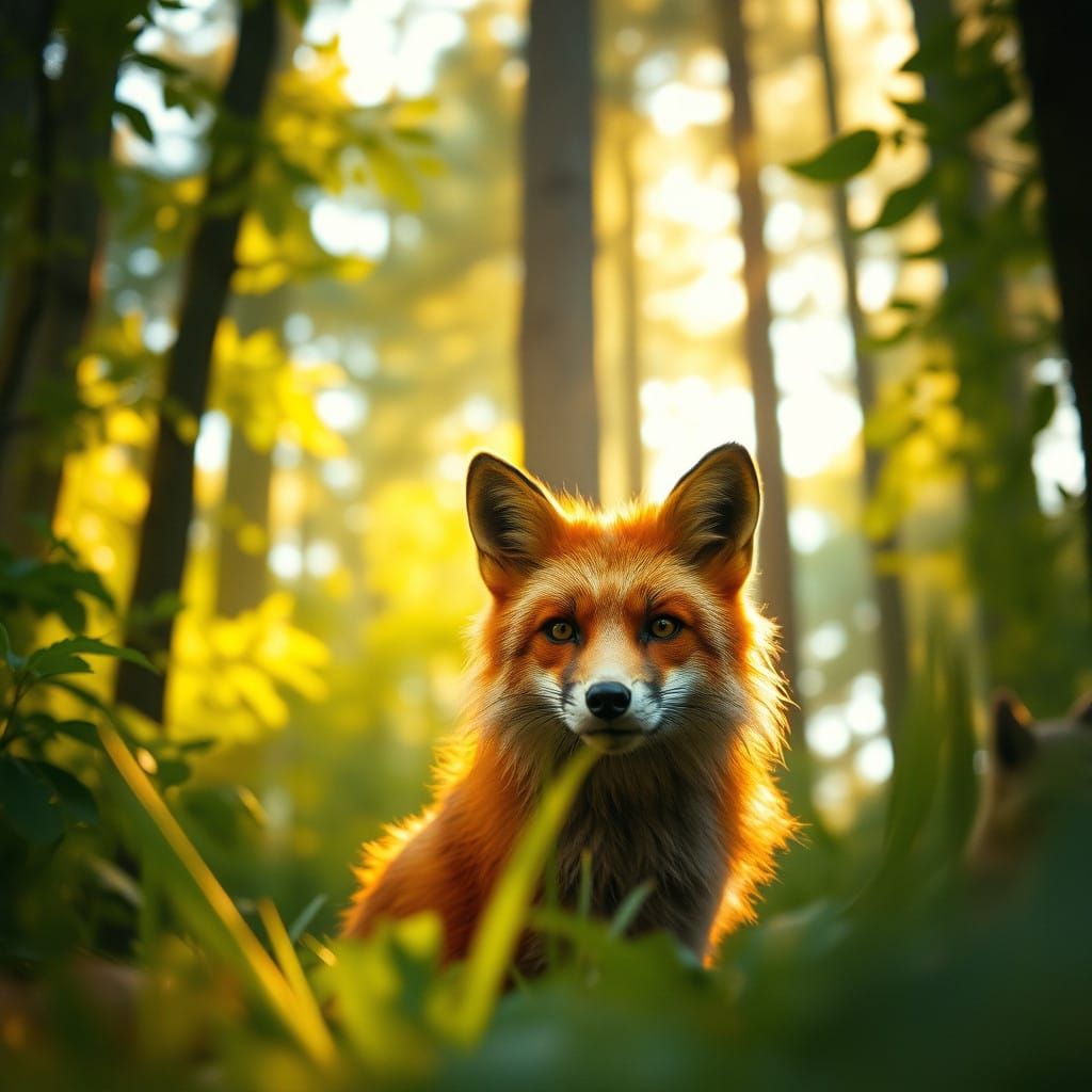 Epic Red Fox in Golden Forest Landscape