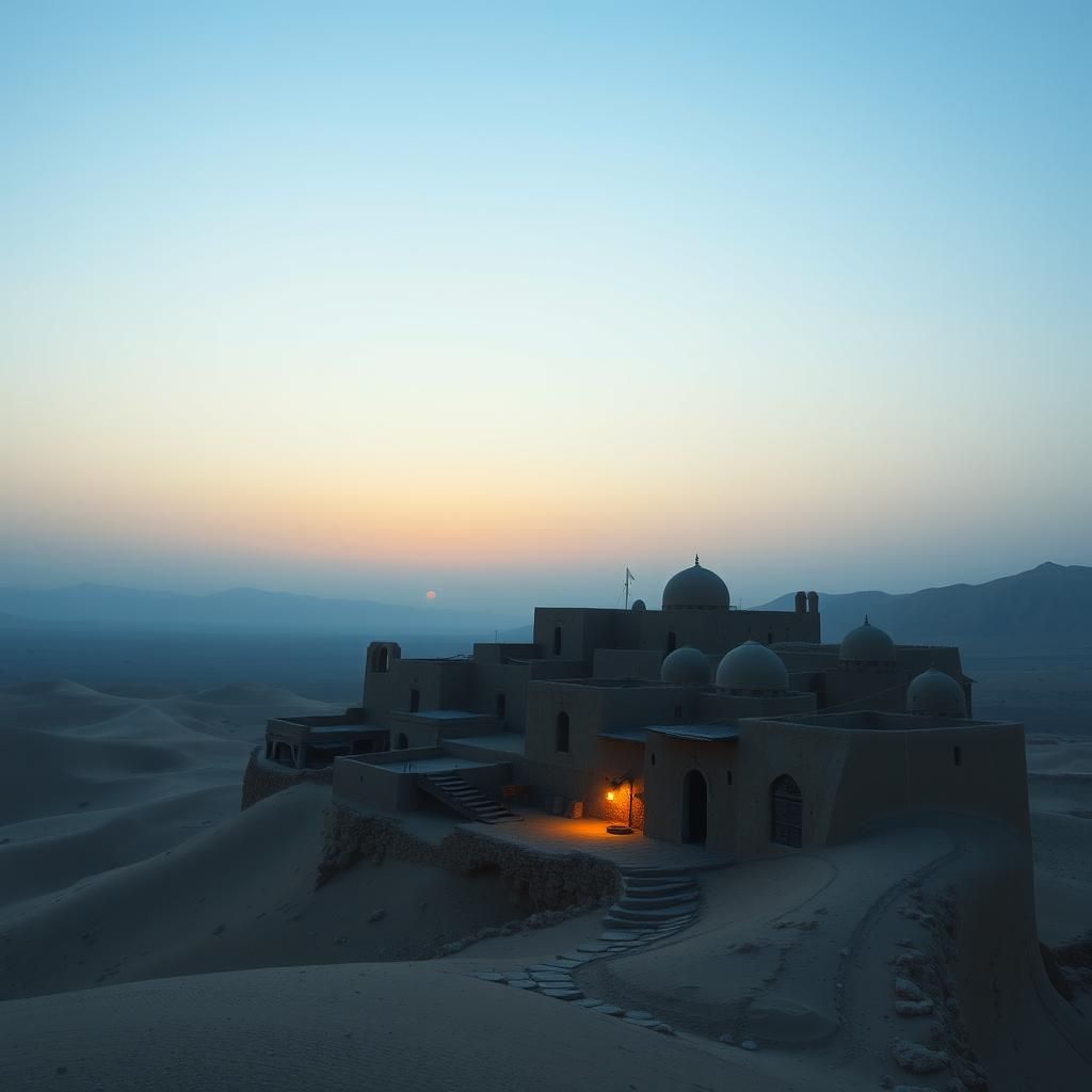 Empty Desert Village at Dawn in Surrealist Style