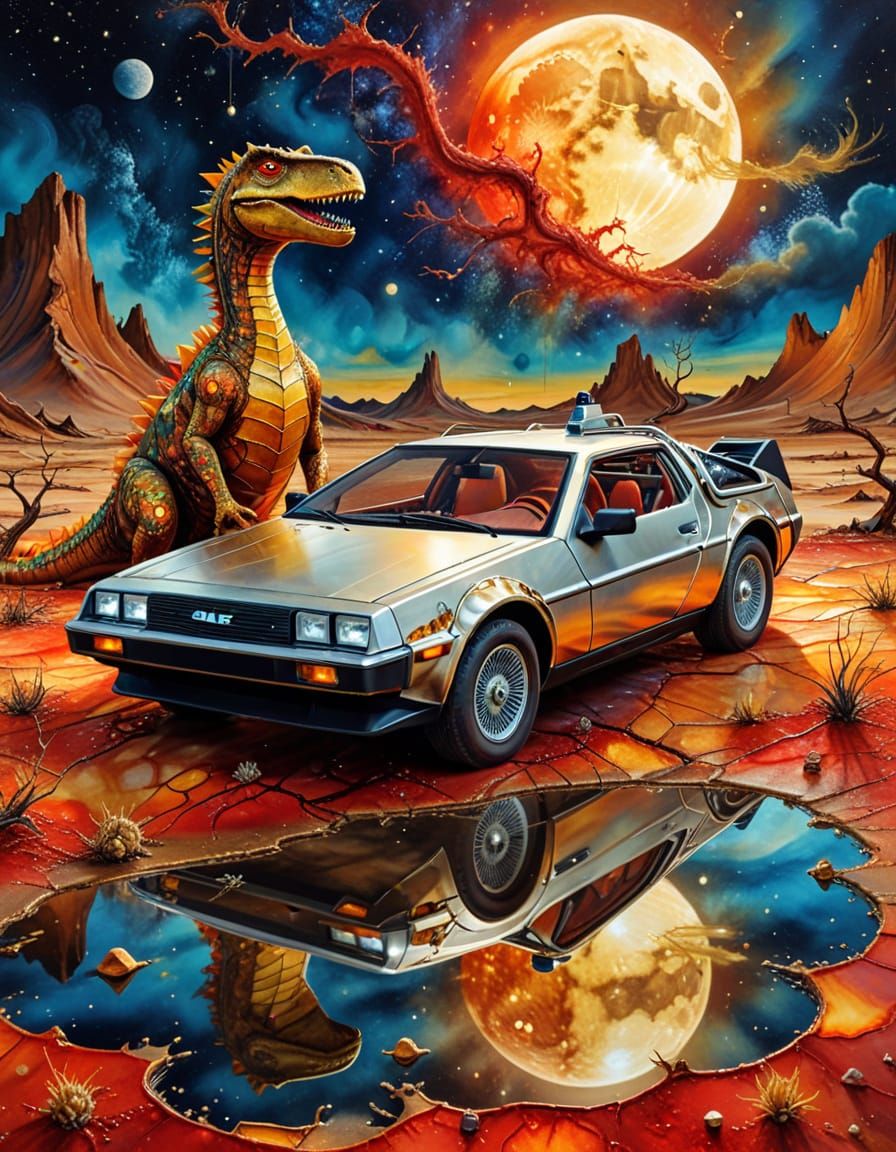 Surreal DeLorean and Dinosaur at Lunar Base