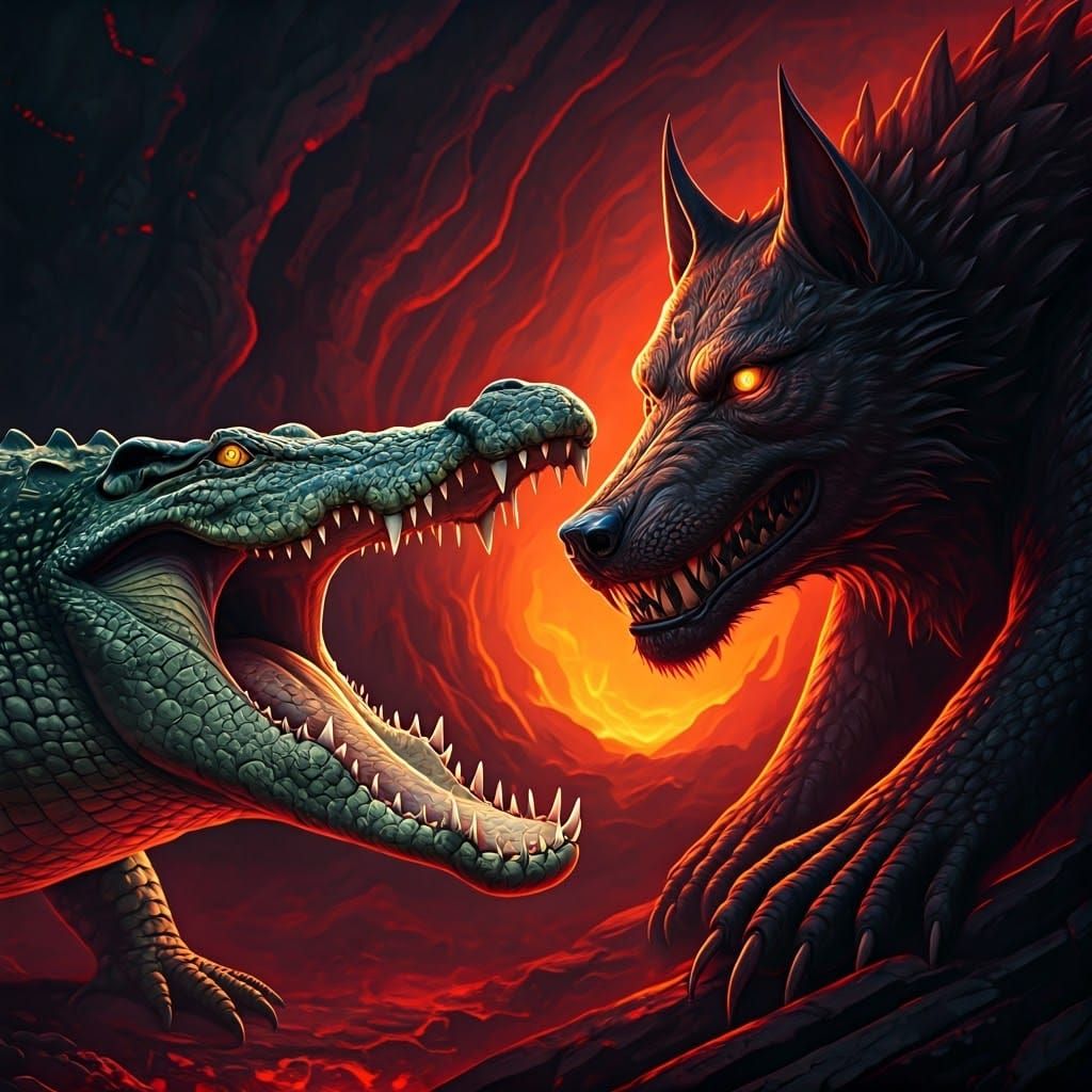 Crocodile Meets Three-Headed Hound in Dante's Hell