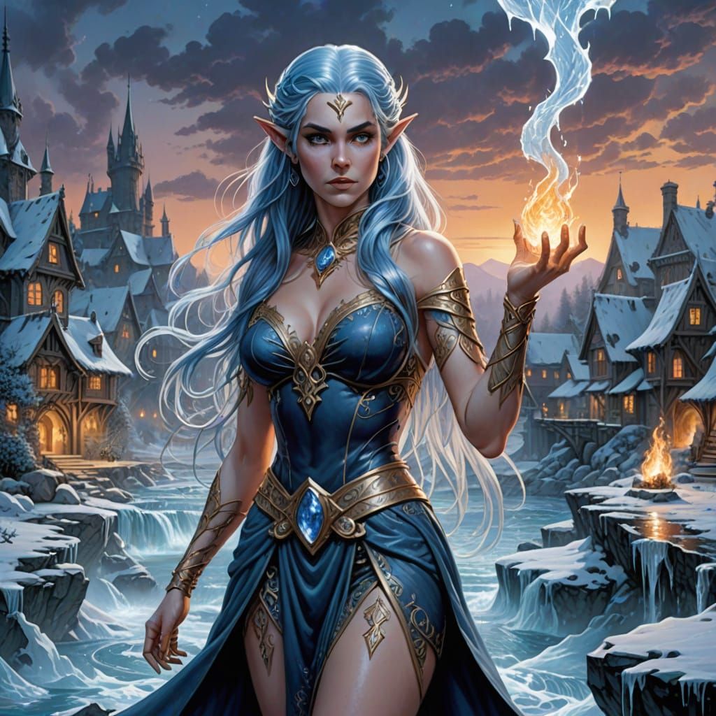 Ethereal Elven Sorceress in a Frosty River of Ice