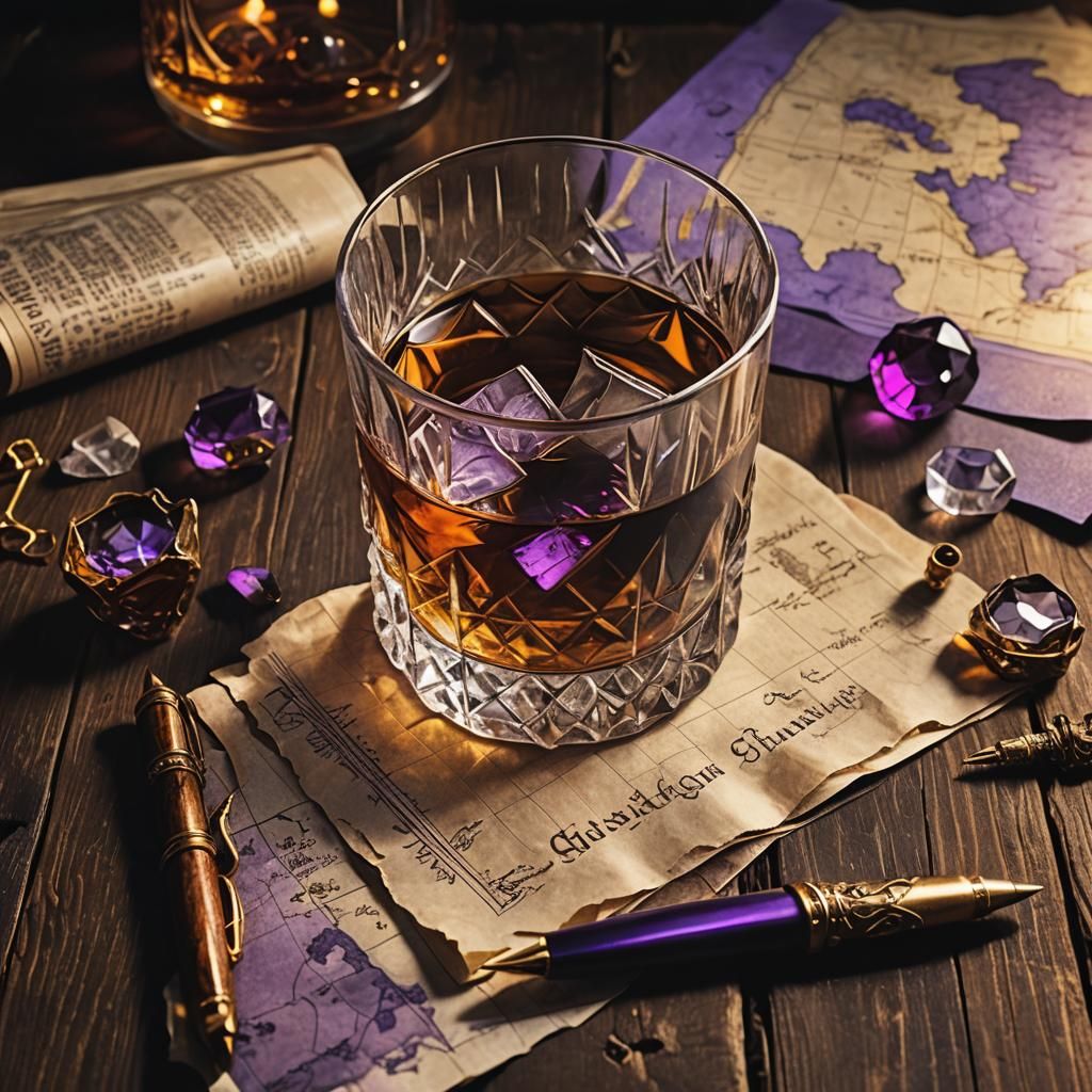 Whiskey and Map in Dark Fantasy Style