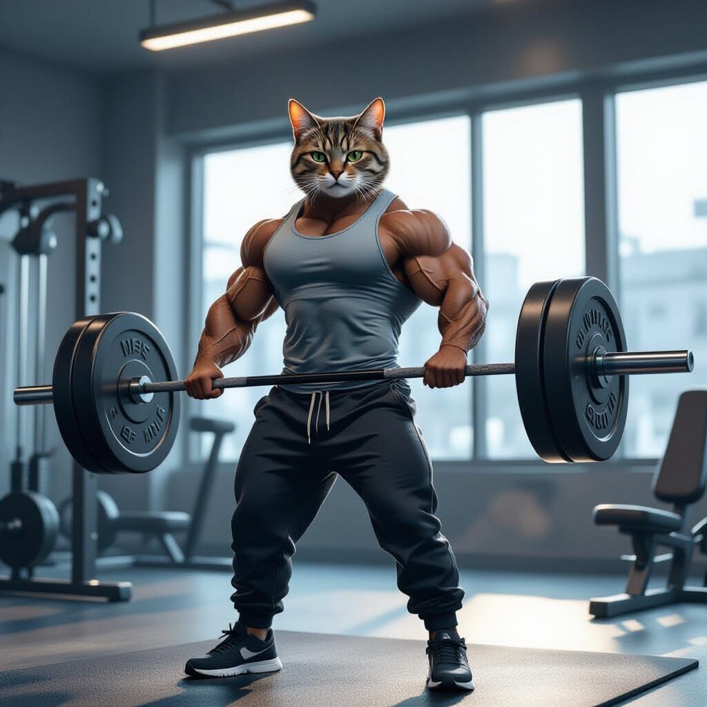 Muscular Cat Lifts Weights in Futuristic Gym