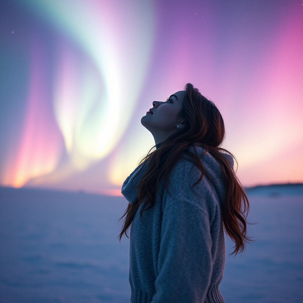 Aurora Borealis Illuminates Woman in Winter Landscape