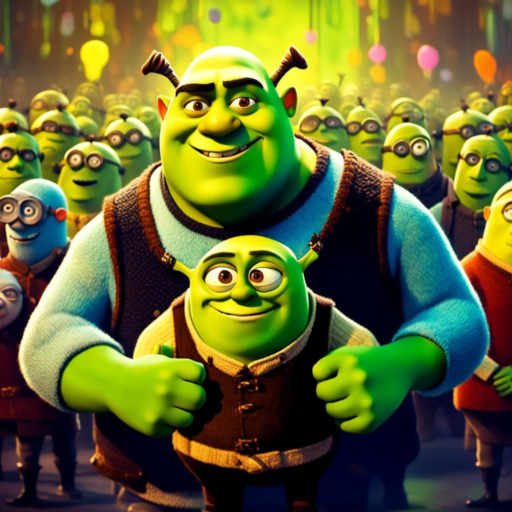 Shrek-Gru Teaching Minions in Lo-fi Digital Art