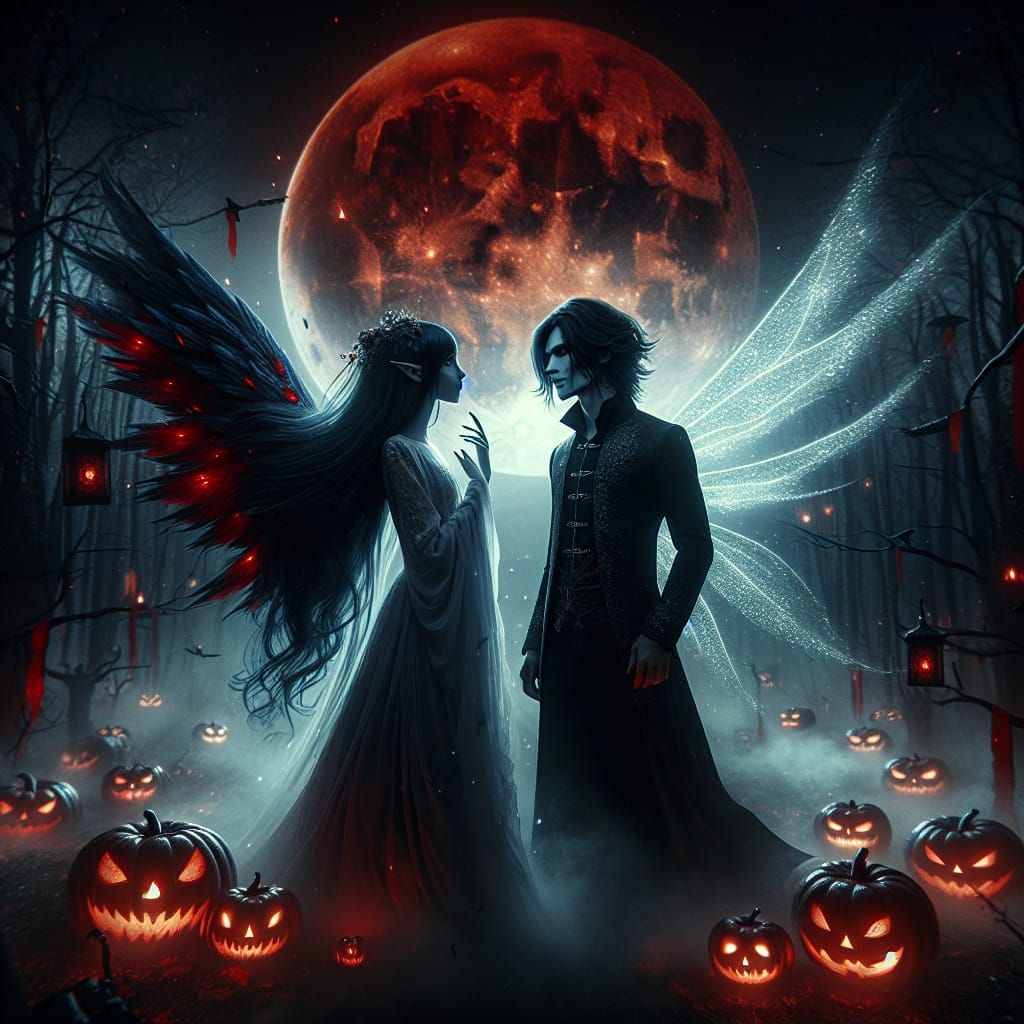 Vampire and Fae Embrace Under Blood Moon
