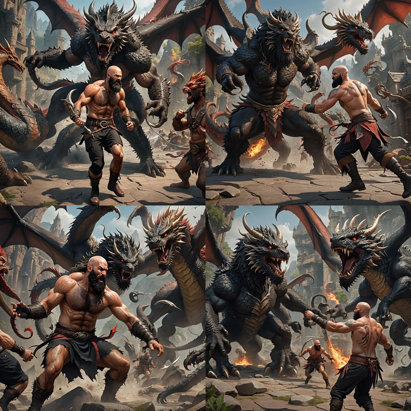 Shirtless Man Fighting Dragon: Detailed Matte Painting