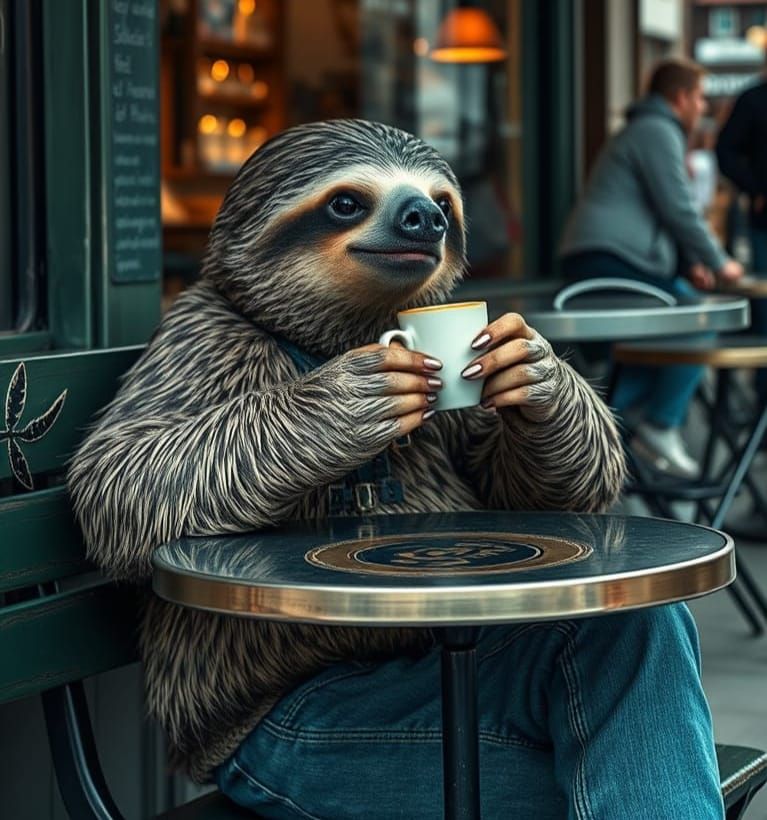 Sloth in a Street Cafe Enjoying Espresso
