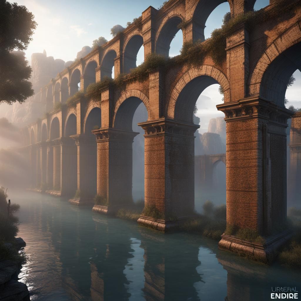 Ancient Roman Aqueducts in Early Morning Mist