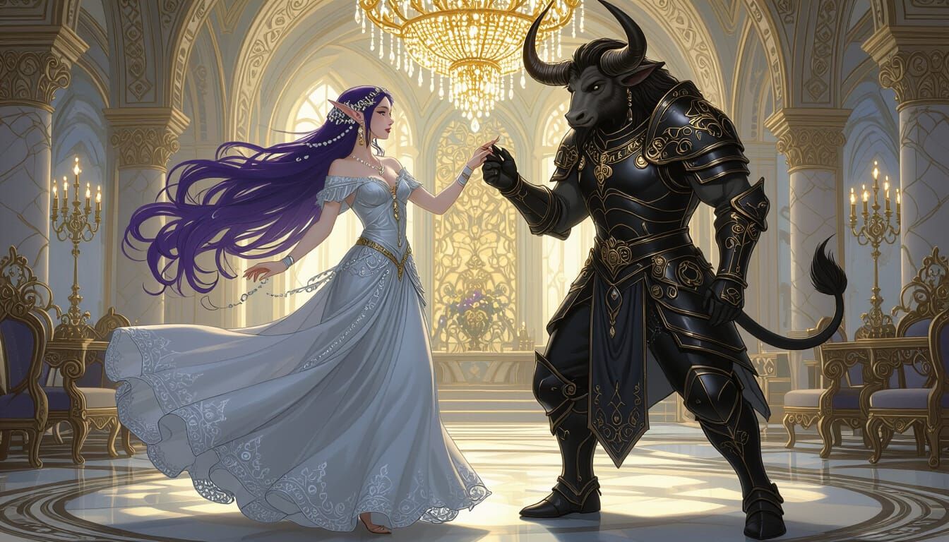 Elf Maiden and Minotaur Dance in Art Nouveau Style