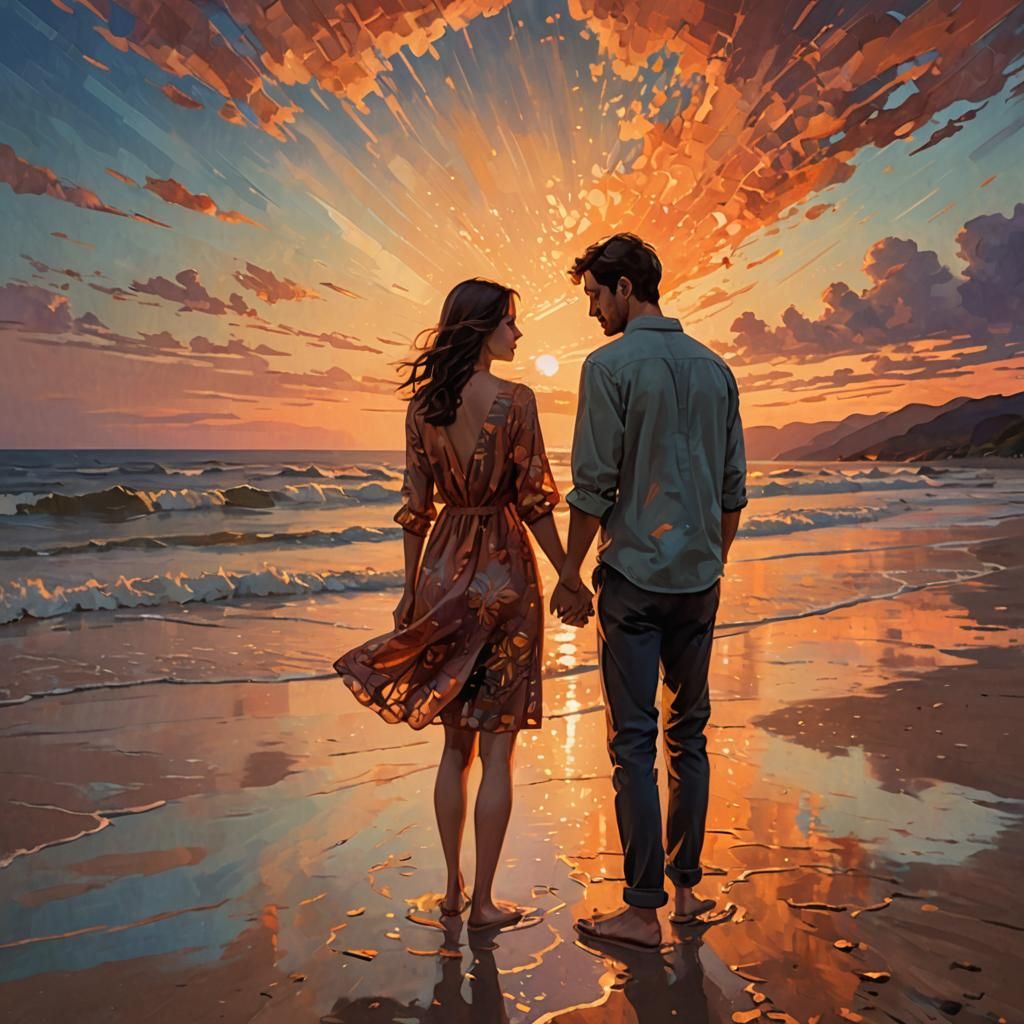 Couple's Tender Moment on Beach at Dusk