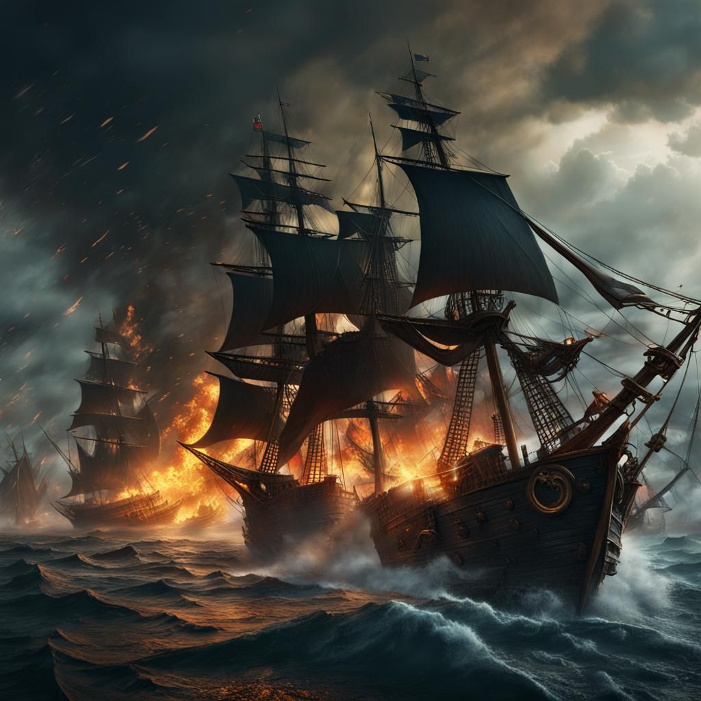 Burning Ships in a Stormy Pirate Battle