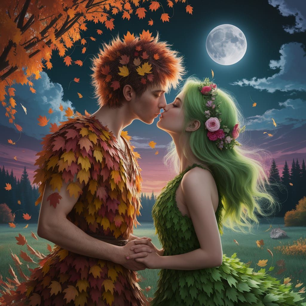 Autumn and Meadow Lovers in Moonlight
