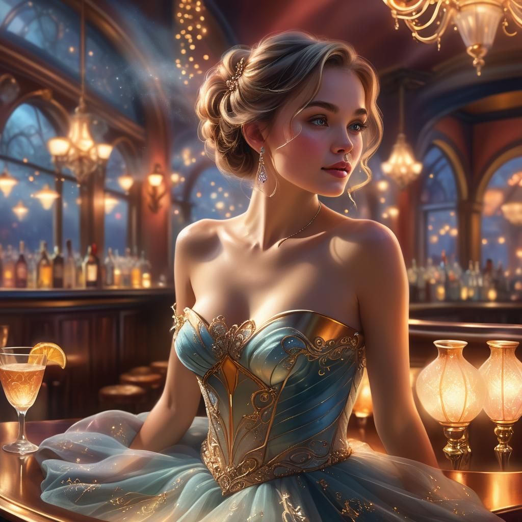 Woman in Gown at Luxurious Bar, Hyperrealistic Digital Art