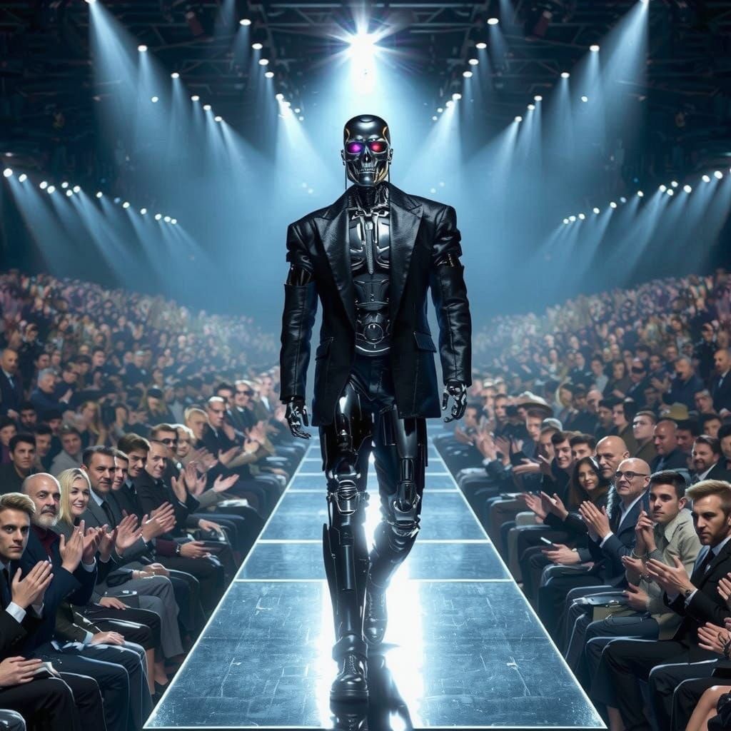 Cyberpunk Terminator Fashion Show on a Sci-Fi Catwalk