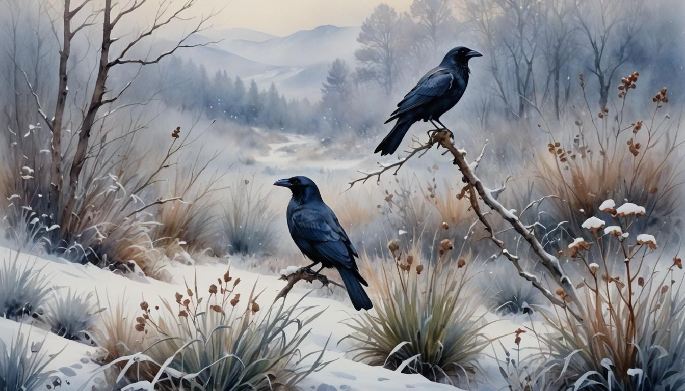 Ravens and Partridge in Snowy Watercolor Landscape