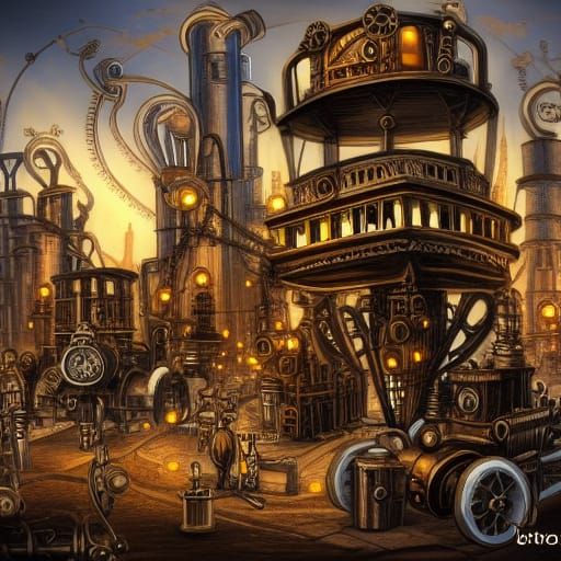 Steampunk City with Intricate Engine Design