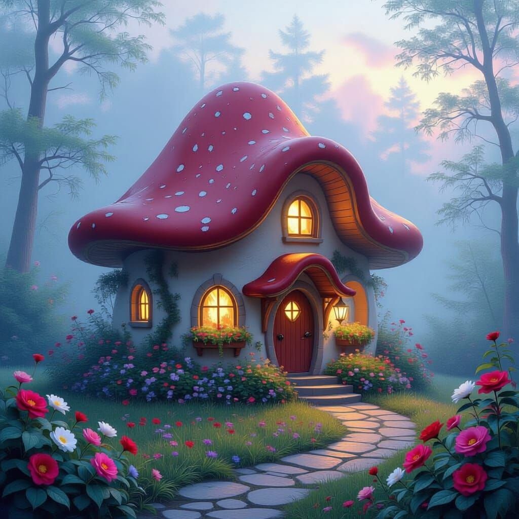 Ethereal Mushroom Cottage Amidst Flowers