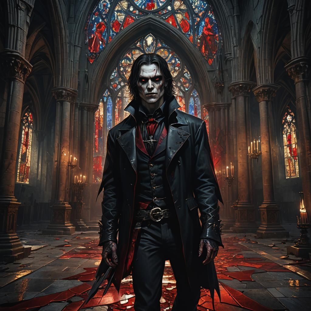Gothic Vampire Portrait in Ruined Cathedral