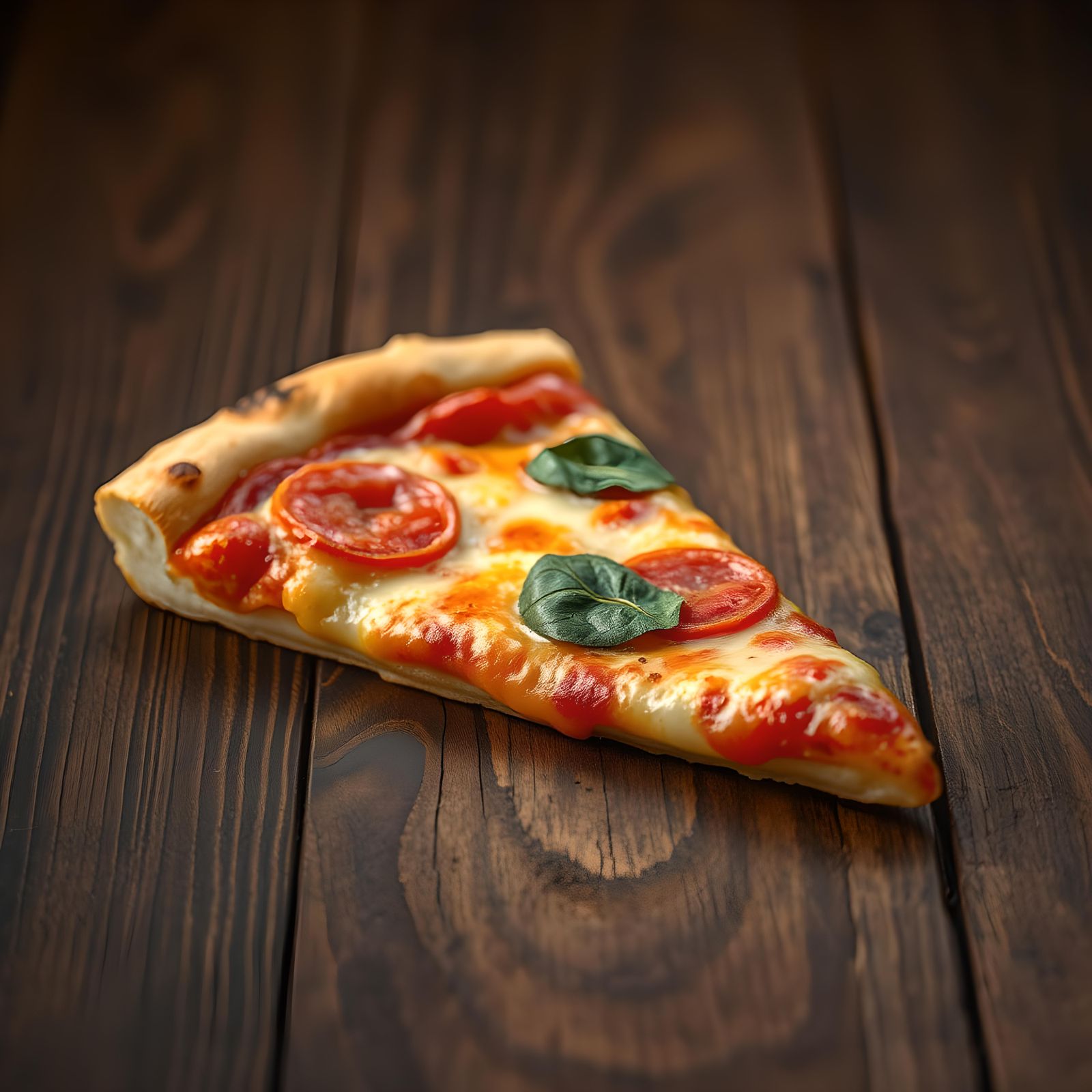 Hyperrealistic Pizza Slice on Dark Wood