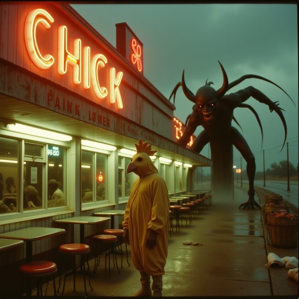 Mutant Chicken Man Hiding at Retro Diner