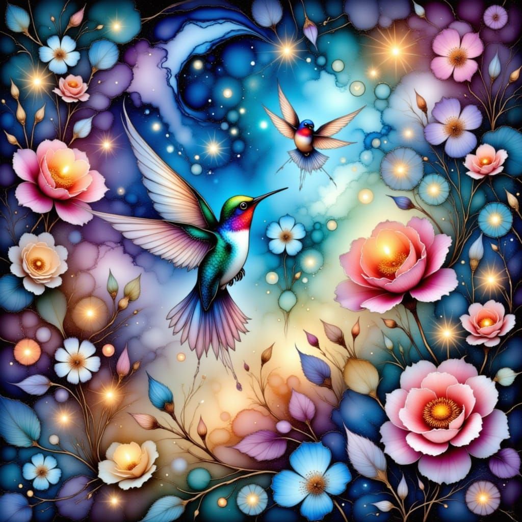 Dreamy Humming Birds in Enchanted Twilight Garden