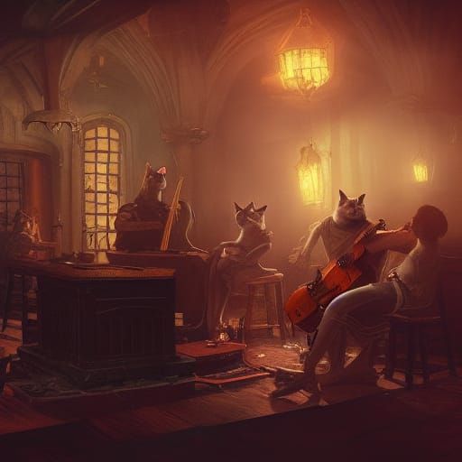 Cats Playing Instruments in Dark Fantasy Tavern