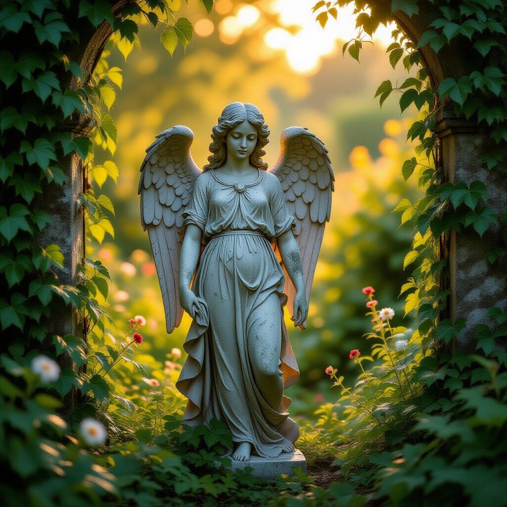 Weathered Angel Statue in Forgotten Garden at Golden Hour