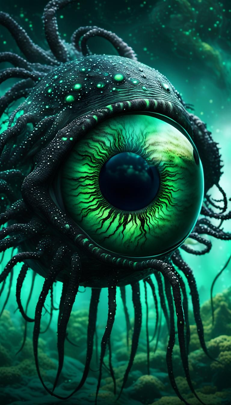 Eerie Floating Eyeball with Tentacles in Ethereal Realm