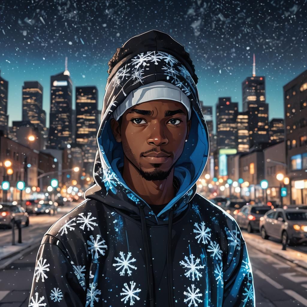 Anime Portrait of Man in Snowflake Hoodie
