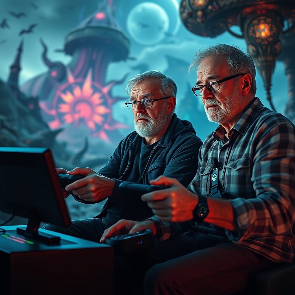 Elderly Gamers in a Fantastical Landscape as Matte Painting