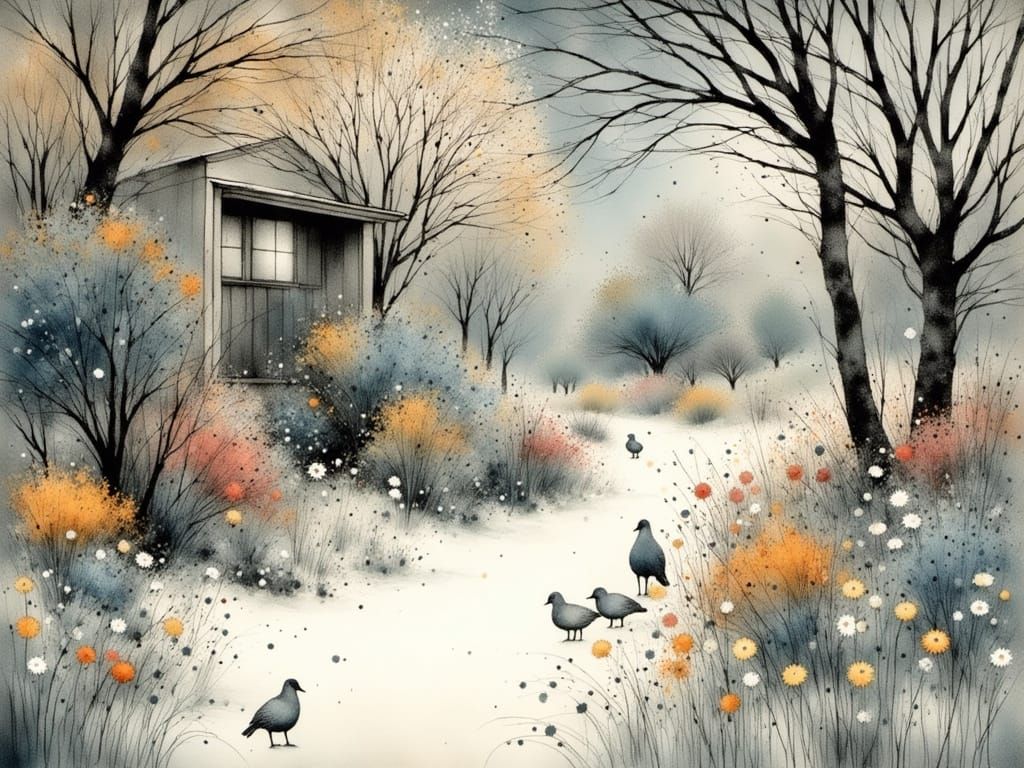 Whimsical Winter Garden Scene in Charcoal and Watercolor Sty...