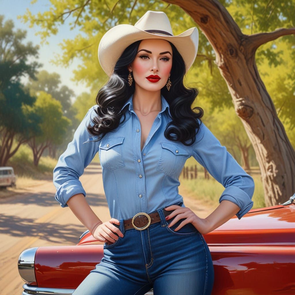 Dita Von Tease as a 1950s Pin-Up Girl on a Country Road
