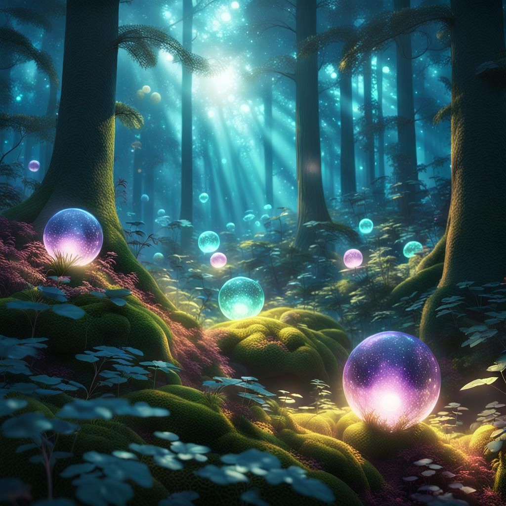 Ethereal Forest: Glowing Orbs in 3D Rendering