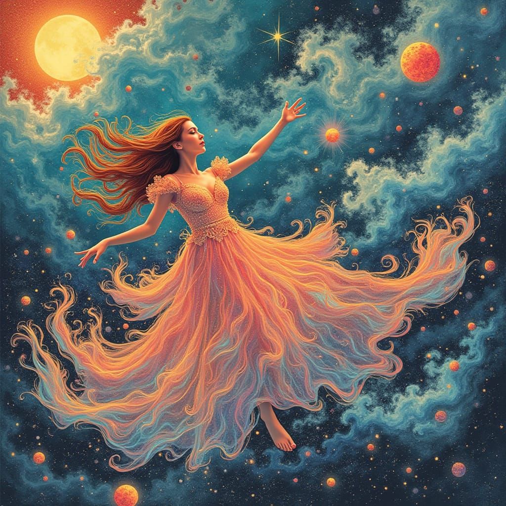 Bioluminescent Woman Gliding Through Cosmos in Vector Art