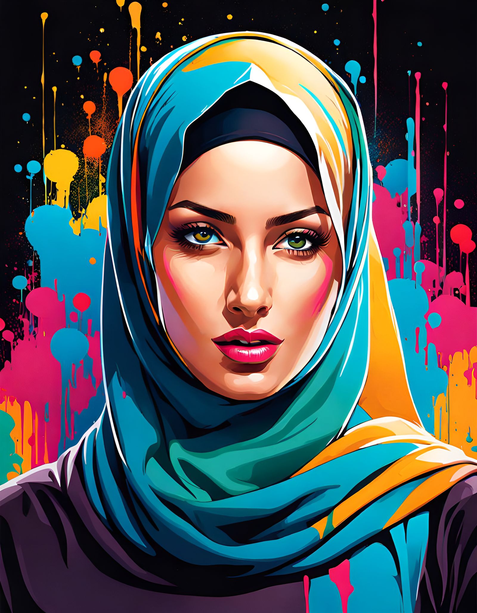 Colorful Hijabi Woman in Street Art Style