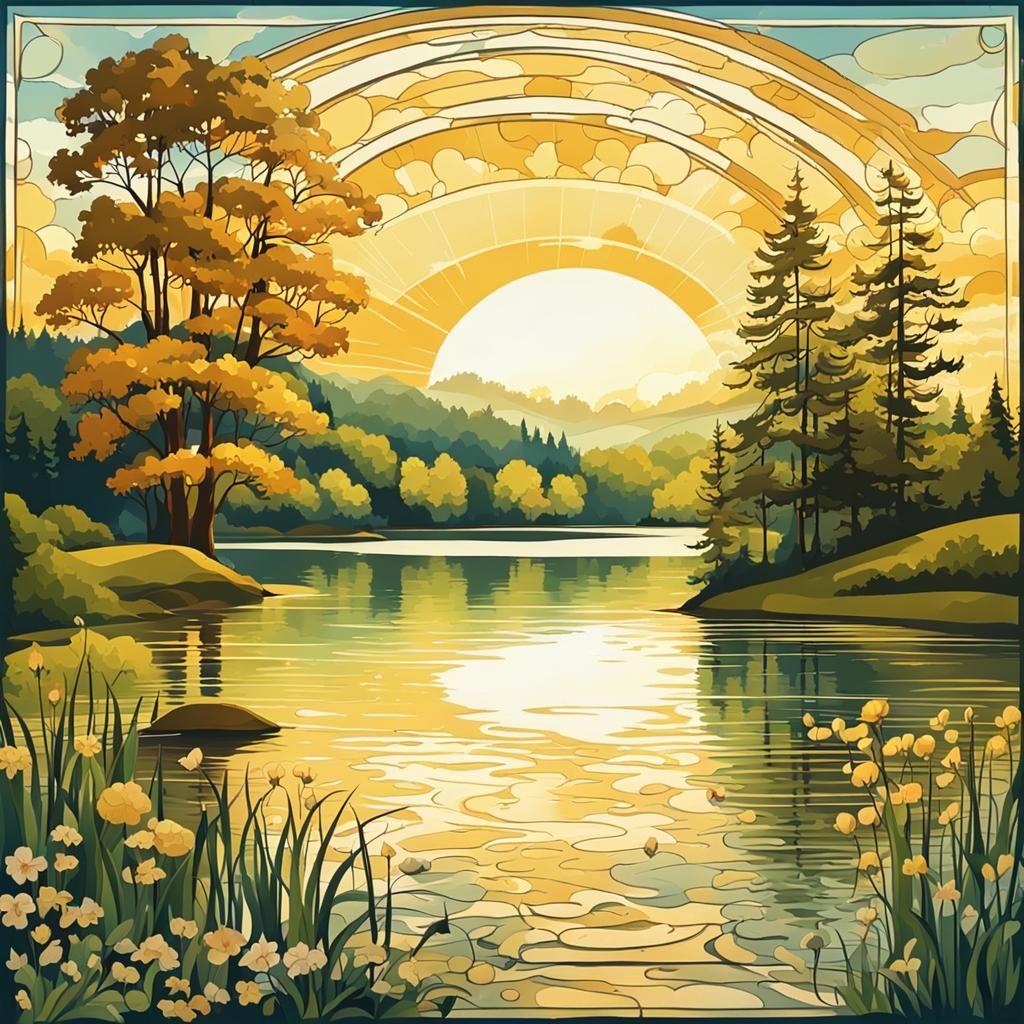 Art Nouveau Landscape with Calm Lake
