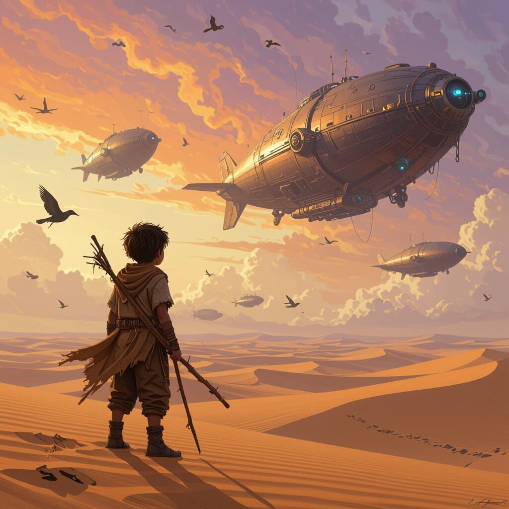 Boy on Dune Gazing at Steampunk Airships