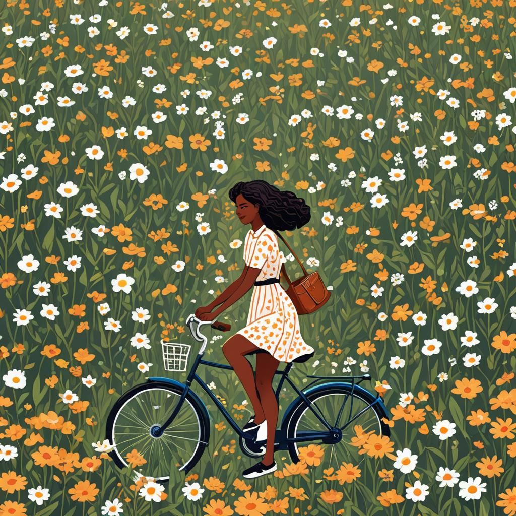Woman on Bicycle in Flower Field: Vector Art
