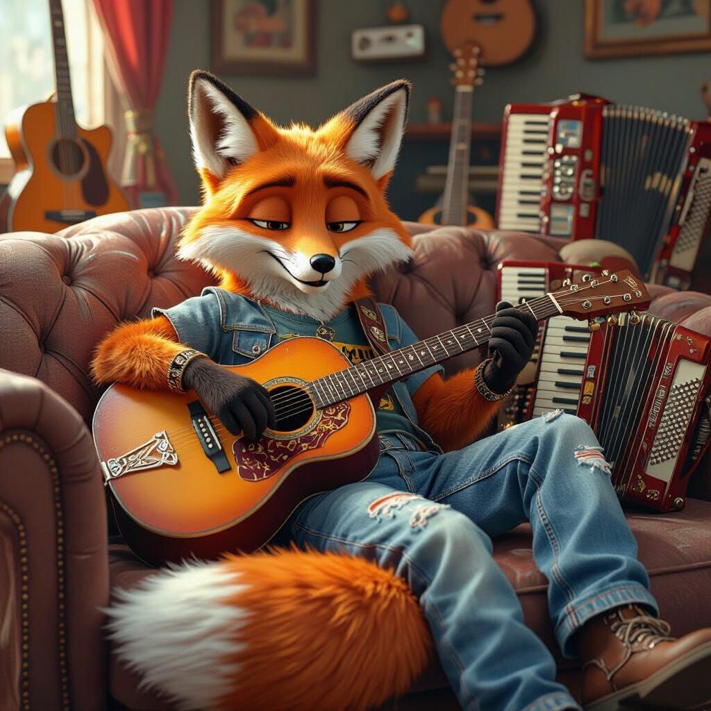 Musical Fox Guitar Serenade in Pixar Style